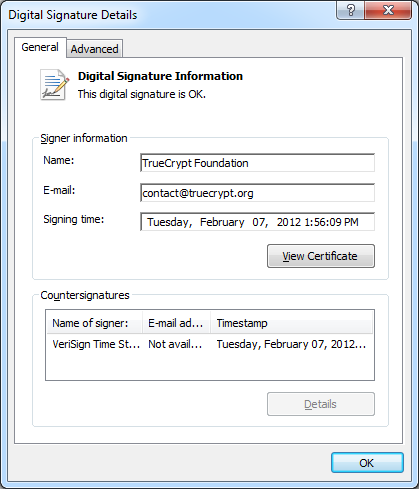 X.509 signature over TrueCrypt Setup 7.1a.exe